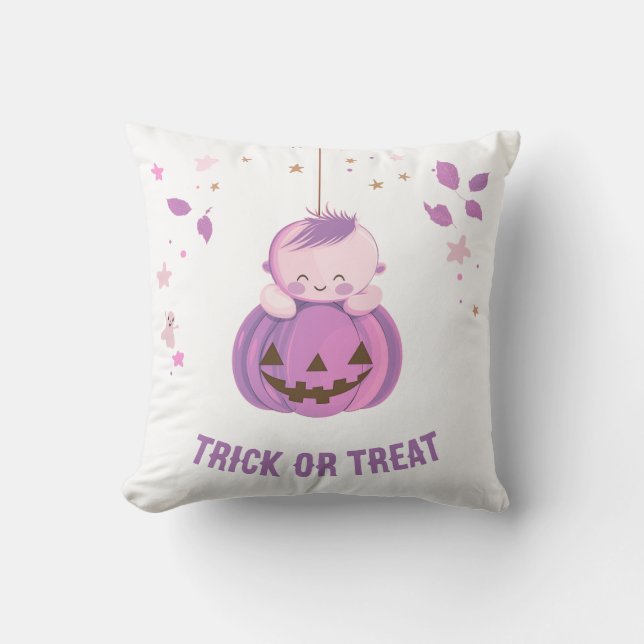 Lila Pumpkin-Trick oder Treat Halloween Kissen (Vorderseite)