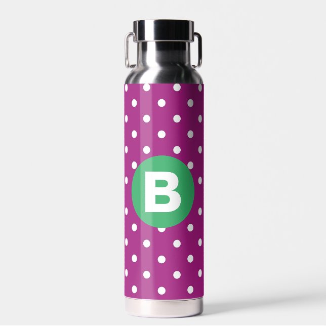 Lila Punkte-Muster Grüne Monogramm Trinkflasche (Vorne)