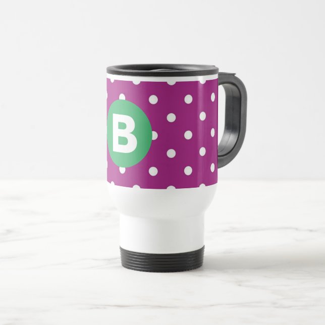 Lila Punkte-Muster grünes Monogramm Reisebecher (VorderseiteRechts)
