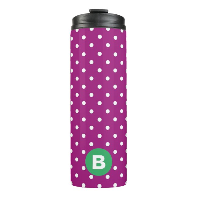 Lila Punkte-Muster Grünes Monogramm Thermosbecher (Vorderseite)