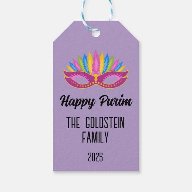 Lila Purimmaske mit Feathers Familienname Geschenkanhänger (Rückseite)