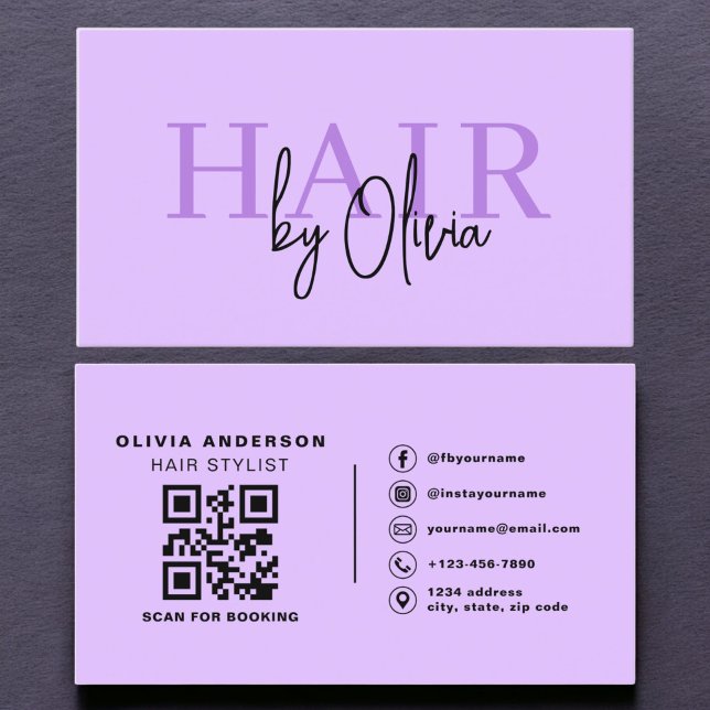 Lila QR-Code-Haarstylist-Typografie Visitenkarte (Von Creator hochgeladen)