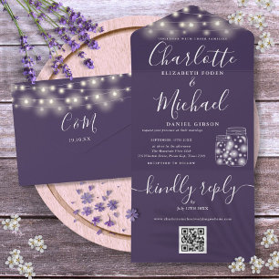 Lila QR-Code-Mason-Gläser-Lichterkette-Hochzeit All In One Einladung