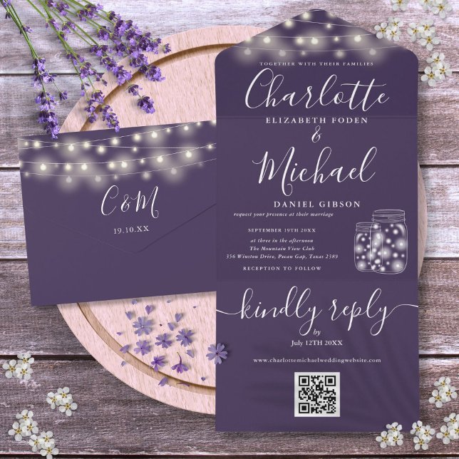 Lila QR Code Mason Jars String Light Wedding All In One Einladung (Purple QR Code Mason Jars String Light Wedding All In One Invitation)