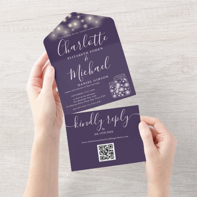 Lila QR Code Mason Jars String Lights Hochzeit All In One Einladung (Abreißen)
