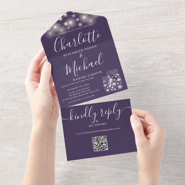 Lila QR Code Mason Jars String Lights Hochzeit All In One Einladung (Abreißen)