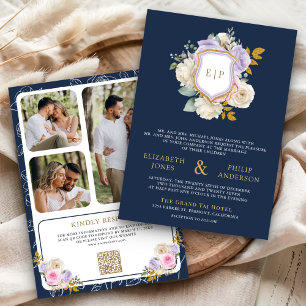 Lila QR Code Wappen Navy Blue Wedding Einladung
