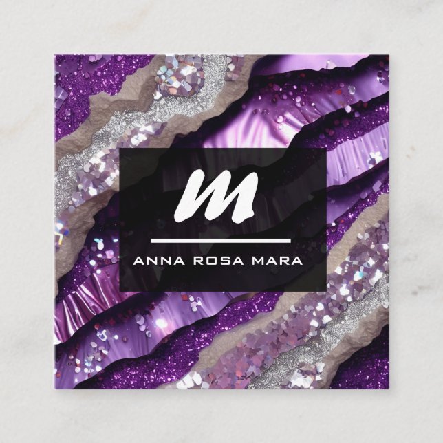*~* Lila QR Lavender Glam Luxe Initial AP66 Quadratische Visitenkarte (Vorderseite)