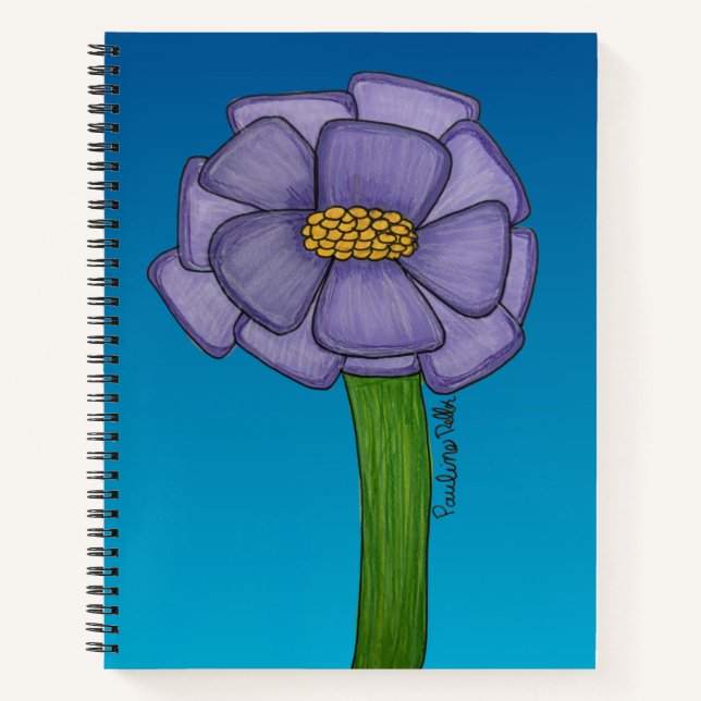 Lila quadratische Blume mit blauem Hintergrund Notizbuch (Vorderseite)