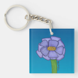Lila Quadratische Blume mit blauem Hintergrund Schlüsselanhänger