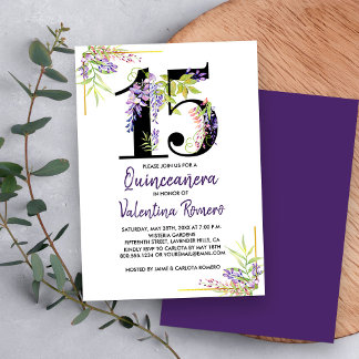 Lila Quinceanera Blumennummer 15 Geburtstag Einladung