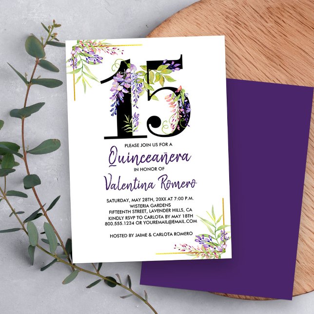 Lila Quinceanera Blumennummer 15 Geburtstag Einladung (Floral Number 15, 15th birthday invitation from my Purple Wisteria Quinceanera Collection
)