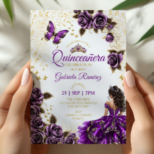 Lila Quinceañera Goldene Tiara Rosen Schmetterling Einladung