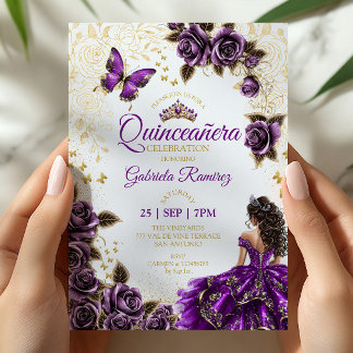 Lila Quinceañera Goldene Tiara Rosen Schmetterling Einladung