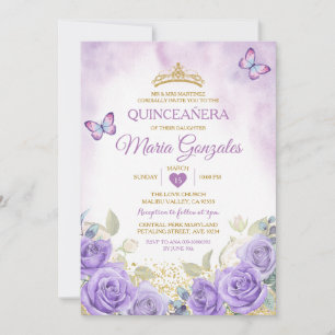 Lila Quinceañera Goldkrone Mexikos Schmetterling Einladung