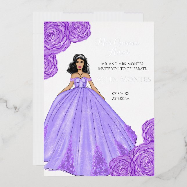 Lila Quinceanera-Kleid und Blume Folieneinladung (Briefumschlag)