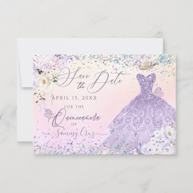Lila Quinceanera Rett Date Holographic Confetti Einladung (Vorderseite)