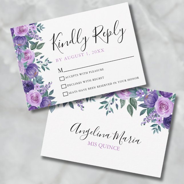 Lila Quinceanera-RSVP-Karte RSVP Karte (Floral Purple Quinceanera RSVP Card)