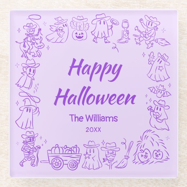 Lila Quirky Hand Drawn Scribles Halloween Glasuntersetzer (Vorderseite)