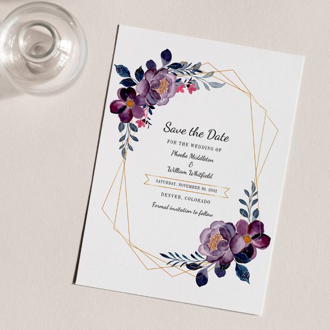 Lila Rahmen für den Blumenrahmen Save the Date Flyer (Purple Floral Watercolor Geometric Save the Date Flyer)