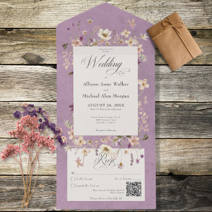 Lila-Rahmen mit Wildblumen und QR-Code All In One Einladung