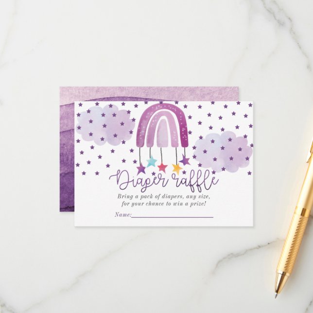 Lila Rainbow Baby Duwer Diaper Tombola Begleitkarte (Vorderseite/Rückseite Beispiel)