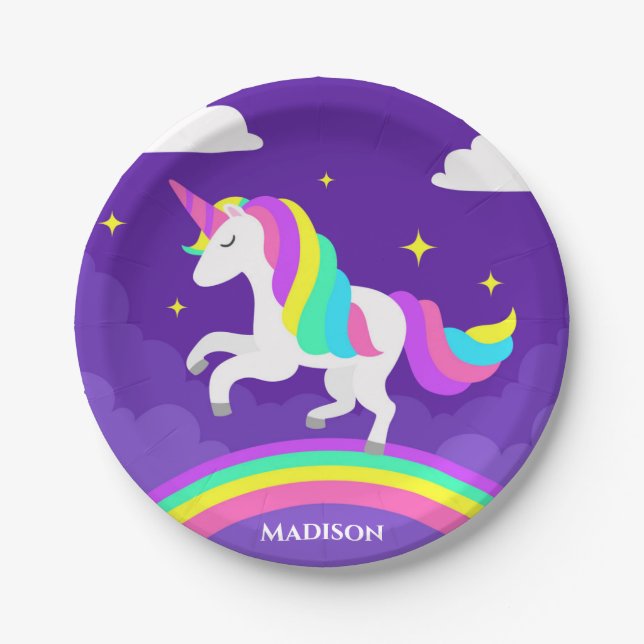Lila Rainbow Unicorn Party Personalisiert Name Pappteller (Vorderseite)
