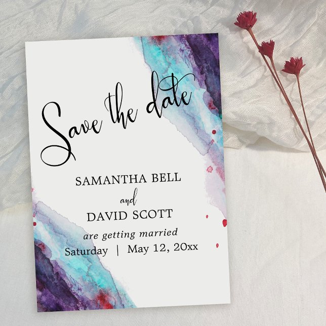 Lila Red Aqua Watercolor Moderne Save the Date Einladung (Von Creator hochgeladen)