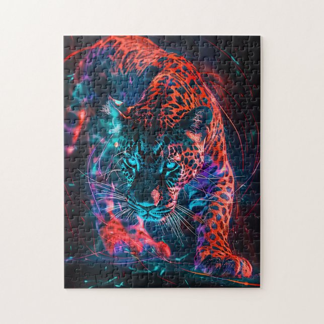 Lila Red Türkise Neon Jaguar Light Puzzle (Vertikal)