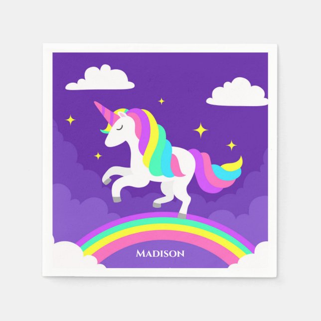 Lila Regenbogen Einhorn Personalisierter Name Magi Serviette (Vorderseite)