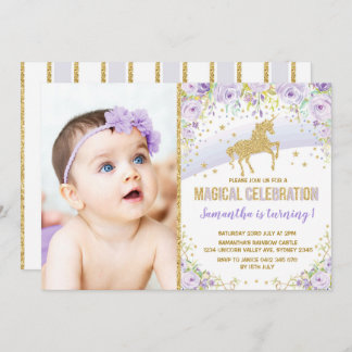 Lila Regenbogenunicorn-Lavendel-Goldgeburtstag Einladung