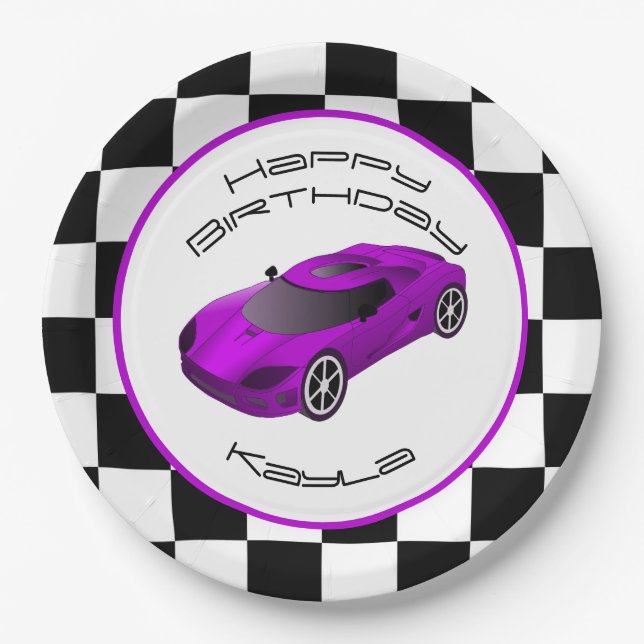 Lila Rennwagen | Benutzerdefinierte Geburtstagspar Pappteller (Vorderseite)