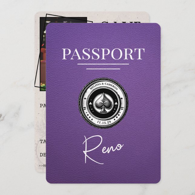 Lila Reno Passport Save the Date (Vorne/Hinten)