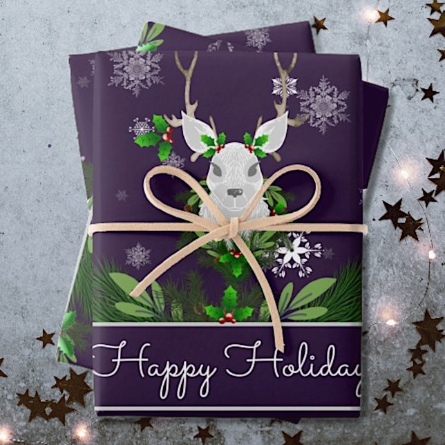 Lila Rentierpapier Geschenkpapier Set (Purple Reindeer Wrapping Paper Sheets)