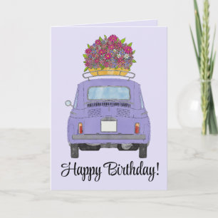 Lila Retro-Fiat-500-Birthdaycard Karte