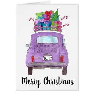 Lila Retro Fiat 500 mit Weihnachtsgeschenken