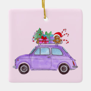 Lila Retro Fiat 500 mit Weihnachtsgeschenken Keramikornament