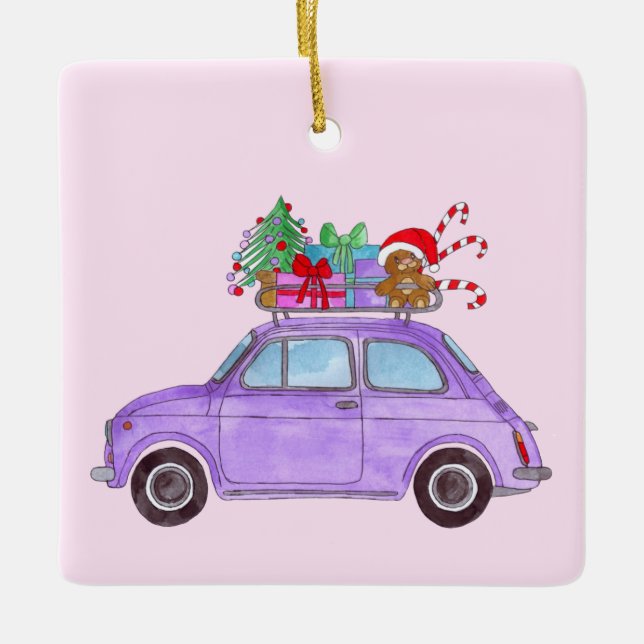 Lila Retro Fiat 500 mit Weihnachtsgeschenken Keramikornament (Vorderseite)