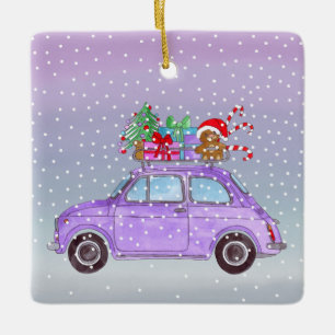 Lila Retro Fiat 500 mit Weihnachtsgeschenken Keramikornament