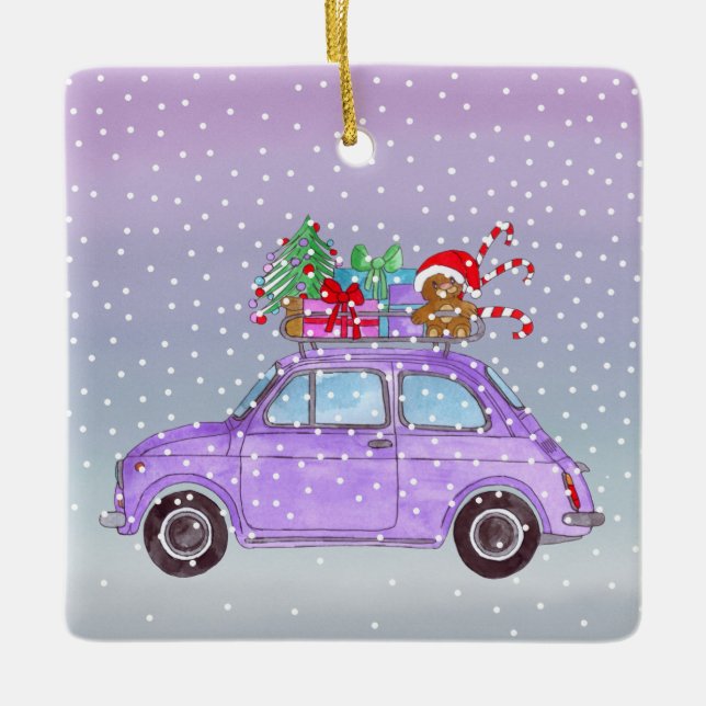 Lila Retro Fiat 500 mit Weihnachtsgeschenken Keramikornament (Vorderseite)