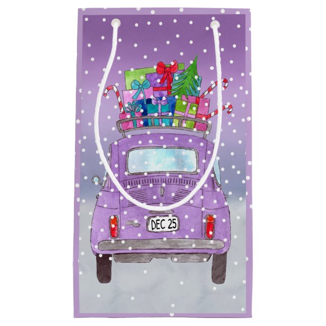 Lila Retro Fiat 500 mit Weihnachtsgeschenken Kleine Geschenktüte (Vorderseite)