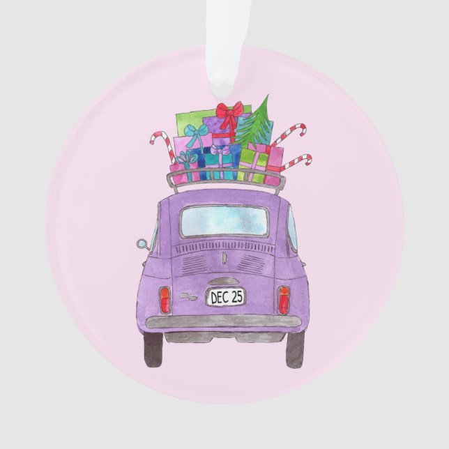 Lila Retro Fiat 500 mit Weihnachtsgeschenken Ornament (Vorderseite)