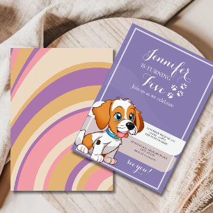 Lila Retro-Niedliches Puppy-Kindergeburtstag-Party Einladung