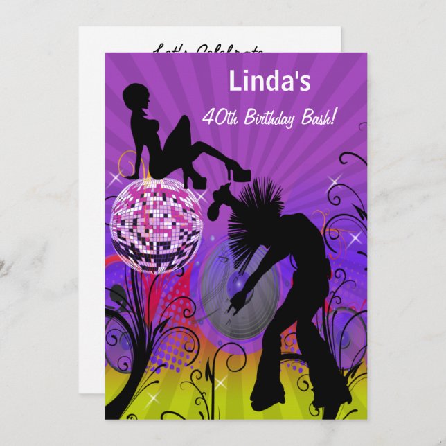 lila Retro-Party Einladung der 80er Jahre (Vorne/Hinten)