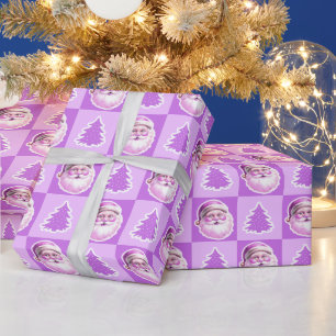 Lila Retro Weihnachtsmann-Christbaum-Karo Geschenkpapier