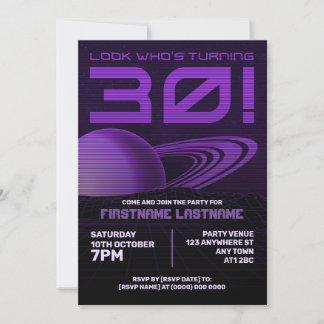 Lila Retrowave 30. Geburtstag Party Einladung