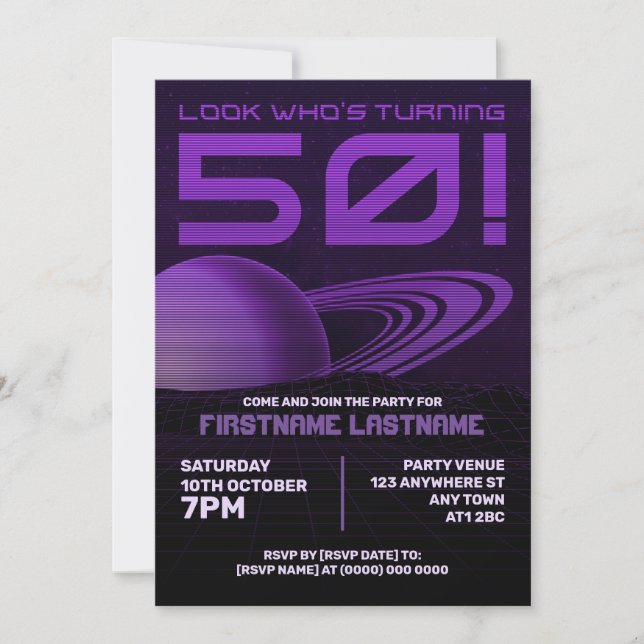 Lila Retrowave 50. Geburtstagsparty Einladung (Vorderseite)