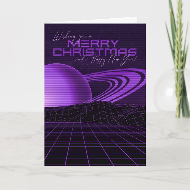 Lila Retrowave-Weihnachtskarte Feiertagskarte (Vorderseite)