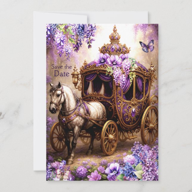 Lila Reverie Carriage Save the Date - Royal Tee Einladung (Vorderseite)