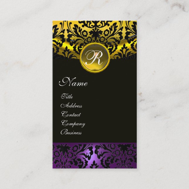LILA RIBBON BLACK GOLD YELLOW DAMASK MONOGRAMM VISITENKARTE (Vorderseite)